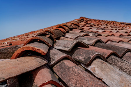 Detailed view of aged terracotta clay roof tiles creating repeating pattern against bright blue skyの写真素材