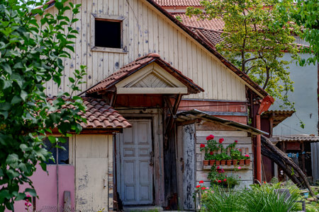 Weathered rural wooden house with tiled roof, small porch and potted red geraniums outsideの写真素材