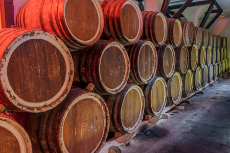 Weathered wooden casks arranged two-high along concrete floor, tinted by red and green cellar lightingの写真素材