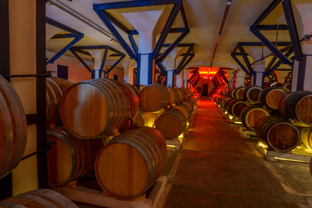 Long hallway of wooden casks under steel beams leads to warmly lit doorway in distance