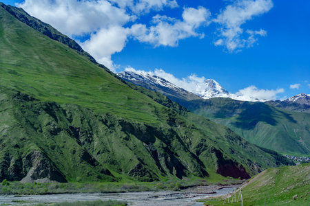 Steep grassy slopes rise above a wide riverbed with distant snowy peaks under a bright sky.