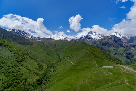 Snowy mountain towers over a lush green valley with a winding mountain road.
