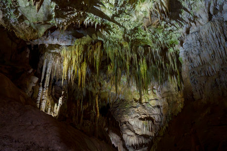 Colorful lights highlight dense green-stained stalactites hanging from rugged cave ceiling above dark chamberの写真素材