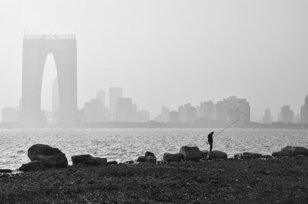 View of the Oriental Arc on horizon in hazy day. Suzhou, China.の写真素材