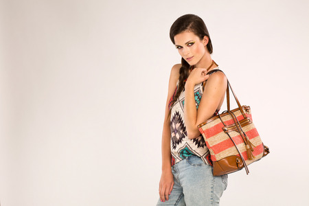 Brunette take a look at camera go purchaseの写真素材