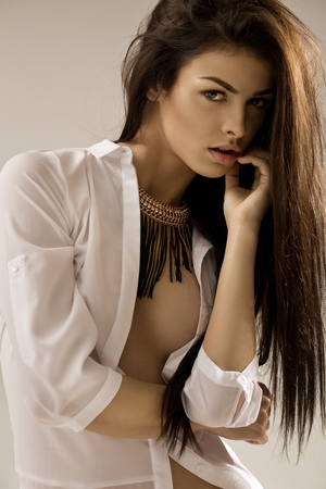 Woman with beauty long brown hair - posing at studioの写真素材