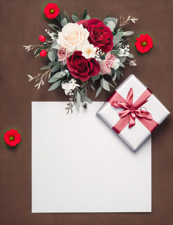 Gift box with red ribbon and flowers on brown background, top viewの素材
