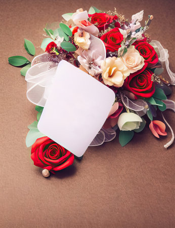 Bouquet of red and white roses with blank card on brown backgroundの素材