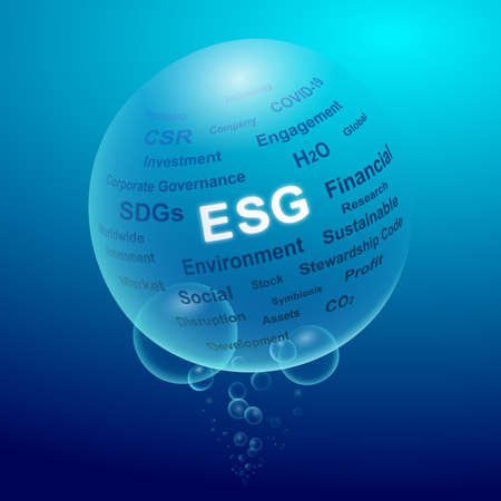 Underwater bubbles and word cloud sphere. ESG concept illustration.のイラスト素材
