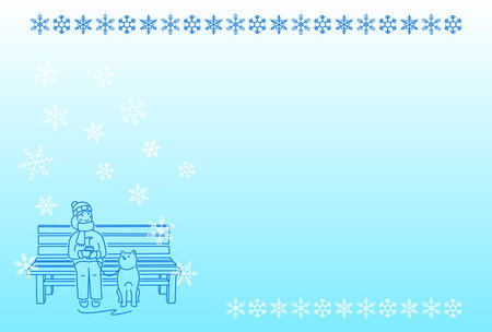 Girl and dog resting on a snowy park bench. Postcard template for winter greetings.のイラスト素材