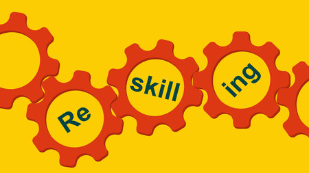 Reskilling concept illustration. Red gears on yellow background.のイラスト素材