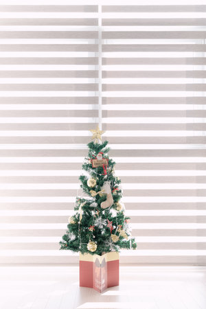 Christmas tree by the window with gift decorations for Christmas interiorの写真素材