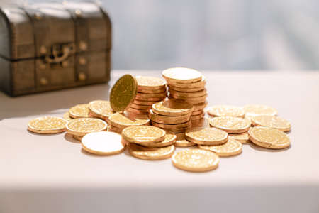 Treasure chest and many gold coinsの写真素材