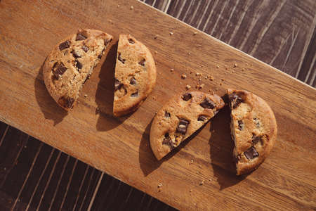 Chocolate chip cookies cut in halfの写真素材