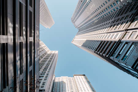 Looking up at high-rise buildings in the city of Toronto, Canadaの写真素材