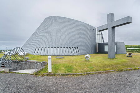 An unusal church in Blonduosの写真素材