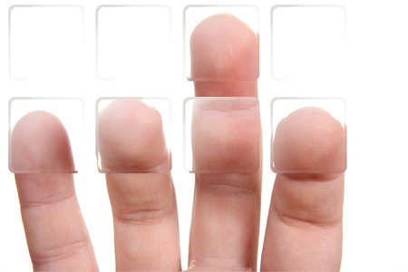 The finger pressing one of the buttons, over wnite 