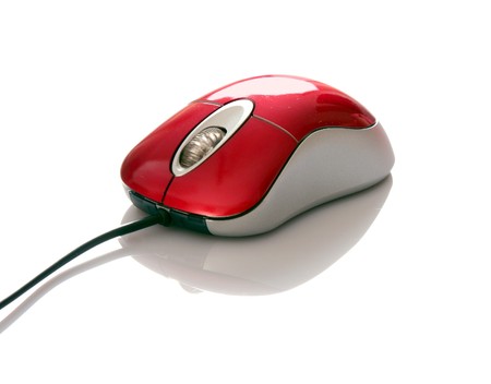 red computer mouse isolated on white backgroundの写真素材
