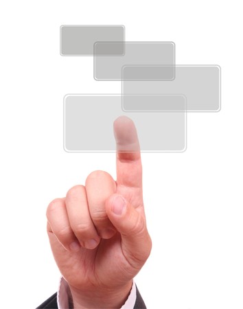 Businessman hand pressing one of grey buttonsの写真素材