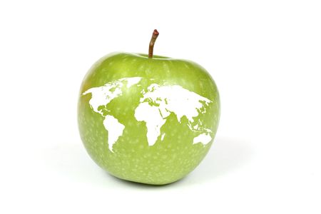 Apple with map of Earth, isolated on whiteの写真素材