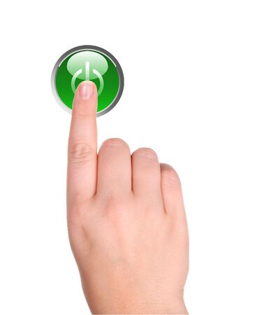 Hand and blank button isolated on white background
