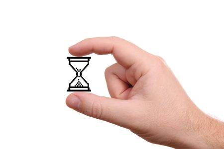 Hand holding computer hour-glass, isolated on white background