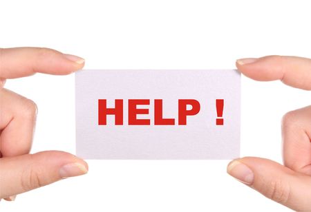  Business card in hands with red word Help, isolated on white background