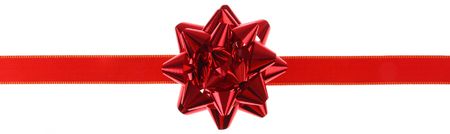 Red gift ribbon and bow on a white backgroundの写真素材