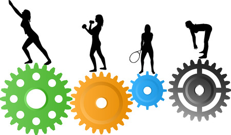 Woman sports silhouettes on colour gear-wheelsのイラスト素材