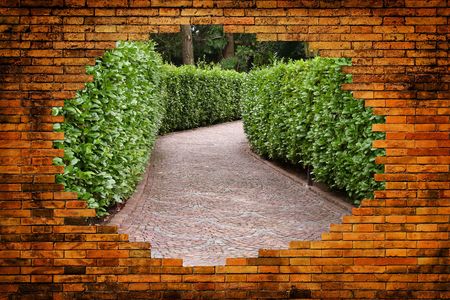 stone pathway inside old grunge wallの写真素材