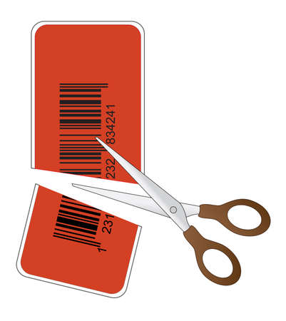 scissors cutting price tag with bar code in half のイラスト素材