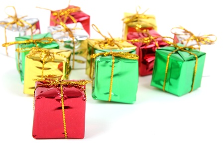 Holiday color gift boxes decorated with ribbonの写真素材