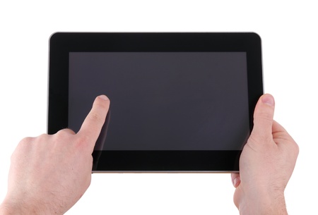 simple exemplary tablet in man's hands, over whiteの写真素材