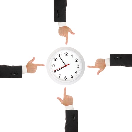 White simple clock and hands, isolated on white backgroundの写真素材