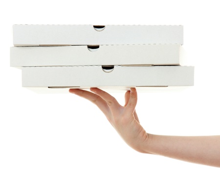 pizza box with hand  , isolated on white backgroundの写真素材