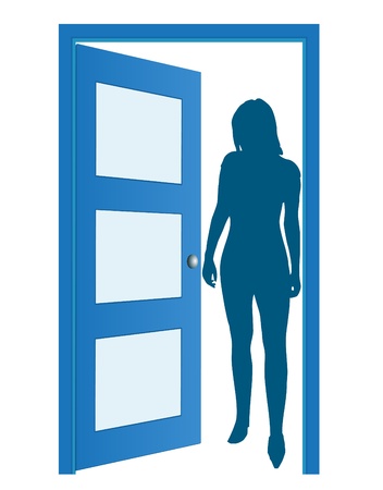 Blue opened door with womanのイラスト素材