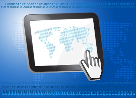 Tablet PC with world map, binary concept,3dのイラスト素材