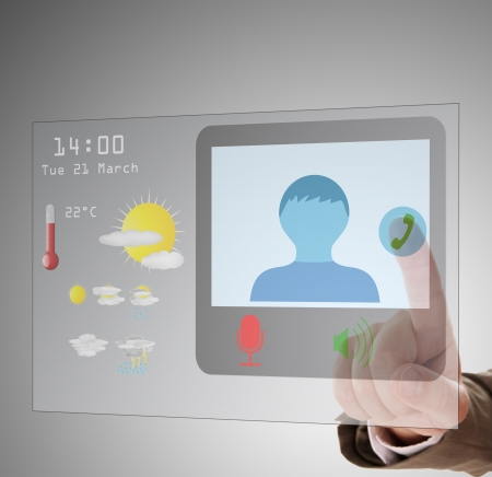 Man using digital interface to connecting video chat about tourism informationの写真素材