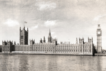 London Parliament house, black and white, vintage photo.