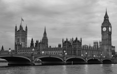 Westminster Bridge with Big Ben in London, black and white version.の写真素材
