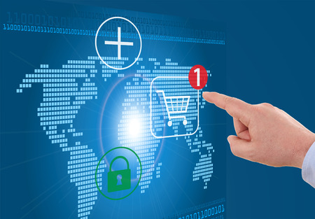 businessman pressing cart button on world map - modern online shoppingの写真素材