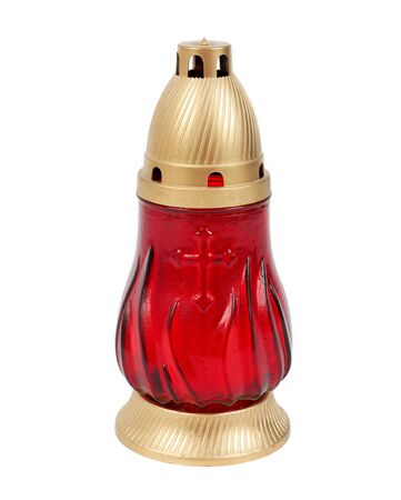 Red snd golden grave candle lantern with cross , isolated on whiteの写真素材