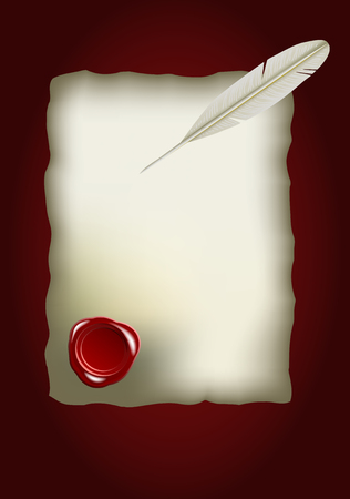 Old parchment  with red wax seal and featherのイラスト素材