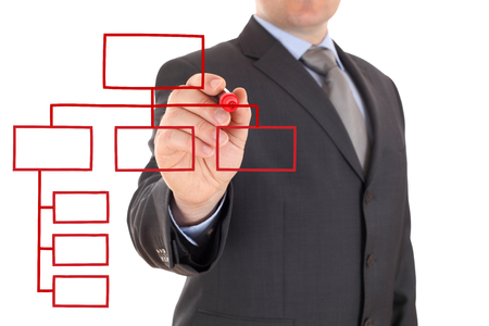 business man hand drawing flow chart, isolated on white.の写真素材