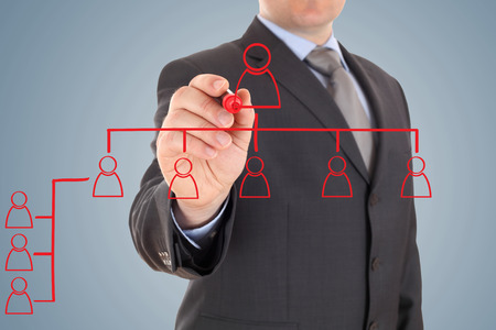 businessman's hand drawing an organization chart on a gray boardの写真素材