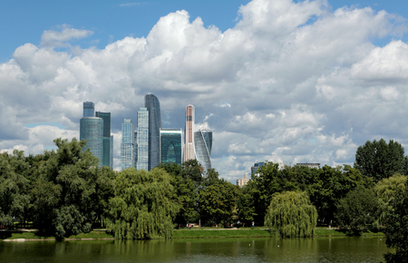 Glass towers of Business center Moscow-City, panorama, view from park.の写真素材