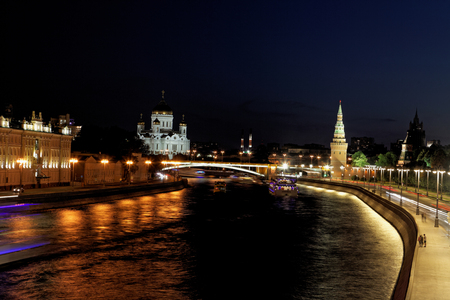 Famous and Beautiful Night View of Moscow river and Cathedral of Jesus Christ the Saviour, Moscow, Russiaの写真素材