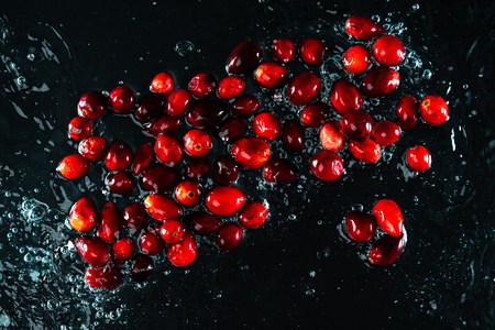 Cranberries Water Splash on Black Backgroundの写真素材