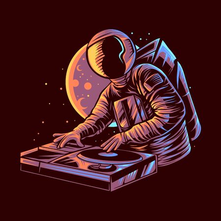 astronaut dj vector with moon background vector illustration designの写真素材