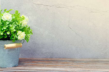 Potted plant on wooden table tap at brick wall. Home green plant.の写真素材